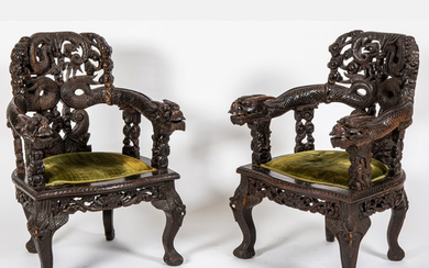 Chinese Carved Hardwood Dragon Form Chairs