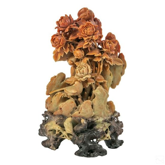 Chinese Carved Soapstone Birds and Peony Sculpture