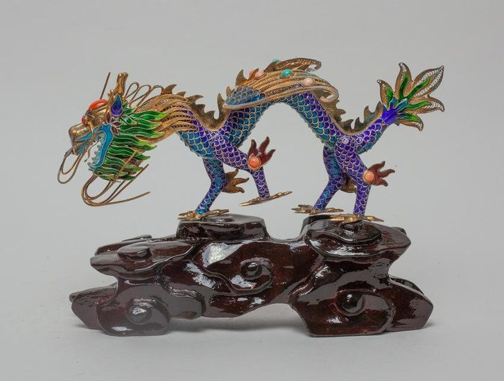 Chinese Enameled Silver w/ Gemstone Sculpture
