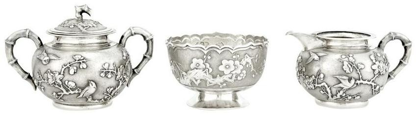 Chinese Export Silver Cream and Sugar Set and Footed