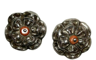 Chinese Flower Bud 900 Silver Pins with Red Coral Bead