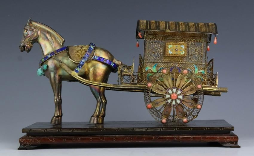 Chinese Gilt Silver Filigree Coral Horse Carriage