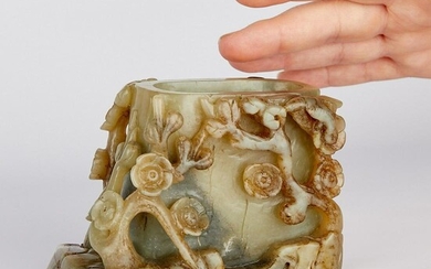 Chinese Jade Flower Pot w/ Prunus & Magpie