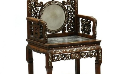 Chinese Marble and Mother of Pearl Inlaid Throne Chair