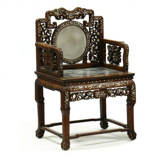 Chinese Marble and Mother of Pearl Inlaid Throne Chair