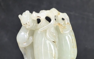 Chinese White Jade Pendant Carving Beast and Melons