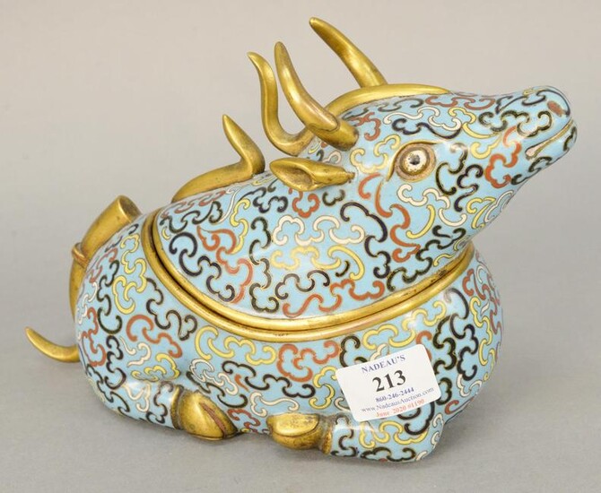 Chinese cloisonne covered container in form of a bull