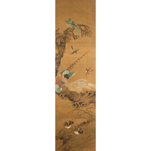 Chinese school, ink and color on silk: 'Landscape with birds...