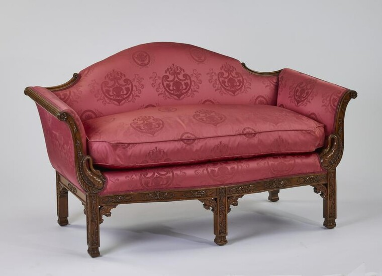Chippendale style settee in cranberry silk