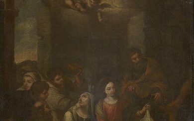Circle of Bartolomé Esteban Murillo, Spanish 1617-1682- The Adoration; oil on canvas, impressed stamp 'F. Leedham / Liner' (on the reverse of the stretcher), bears old labels attached to the reverse of the stretcher, bears wax seals on the reverse...