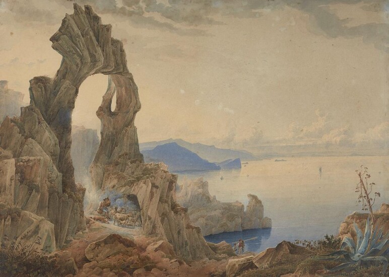 Circle of Thomas Charles Leeson Rowbotham, R.W.S., British 1823-1875- View of the Natural Arch at Capri, with a shepherd and his flock; pencil and watercolour heightened with gum arabic on paper, bears added signature 'J. H. L. Meijer' (lower...
