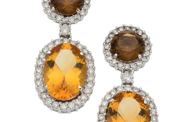 Citrine, Diamond, White Gold Earrings The earrings feature round...