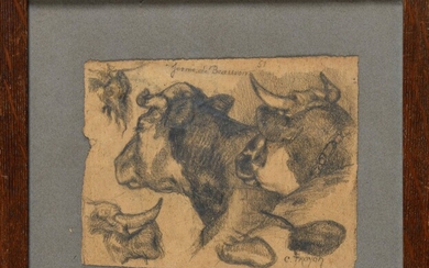Constant TROYON (1810-1865) Etude de taureau Dessin au crayon Signé en bas à droite et...