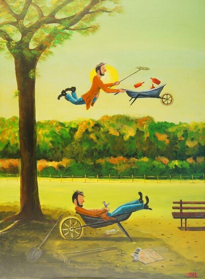 Contemporary School, Figure dreaming in a park; oil on canvas, signed lower right, 81.5 x 60 cm