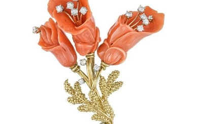 Coral and Diamond Flower Brooch