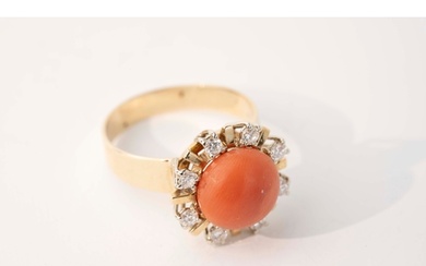 Coral and Diamond Ring 14ct A coral and diamond ring, f...