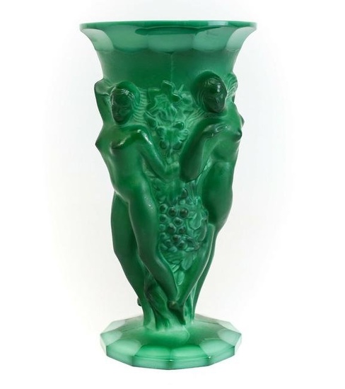 Czechoslovakian Malachite Art Glass Vase, Nude Figures