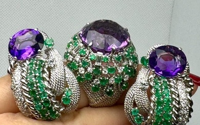 DAVID WEBB 18K White Gold Amethyst Emerald and Diamond Earring and Ring Set