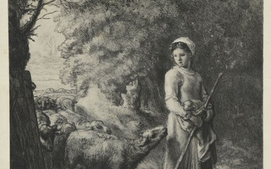 D'après Jean-François MILLET Bergère Gravure en noir et blanc 45 x 35 cm.
