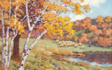 David Ericson (American, 1869-1946) Oil on Canvas, New England Landscape with Shepherd, H 28.75" W