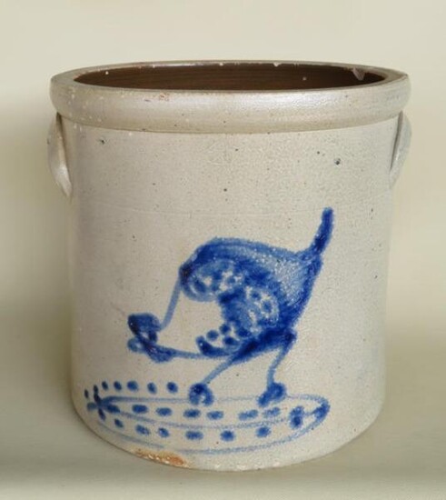 Decorated Crock with a Cobalt Blue Chicken