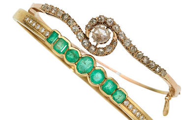 Diamond, Emerald, Glass, Gold Bracelet The lot includes a...