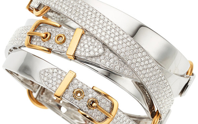 Diamond, Gold Bracelet The buckle bracelet features full-cut diamonds...