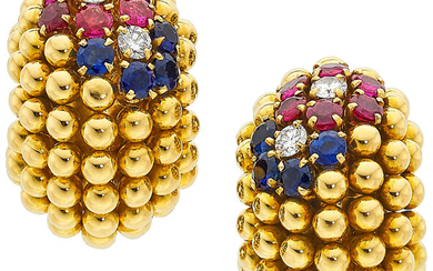Diamond, Ruby, Sapphire, Gold Earrings Stones: Full-cut diamonds weighing...