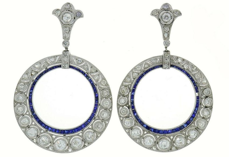 Diamond Sapphire White Gold Dangle EARRINGS Art Deco