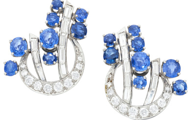 Diamond, Sapphire, White Gold Earrings Stones: Full and baguette-cut...
