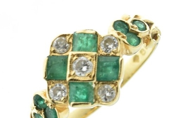 Diamond and emerald 18ct gold dress ring, the square...