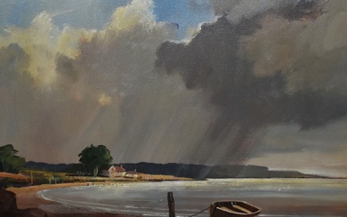 Don Micklethwaite (b.1936, British), oil on canvas, A shower passing over a bay with moored boat