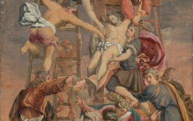 ECOLE FLAMANDE du XVIIème siècle, d'après Pierre-Paul Rubens. Descente de Croix. Huile sur panneau. 50 x 36 cm. Petits accidents.