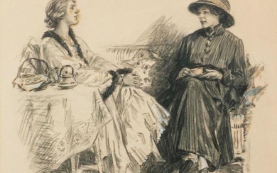 Early 20th Century Drawing of Ladies Having Tea