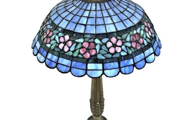 Early American Art Glass Foil Shade Lamp, Blue with Red