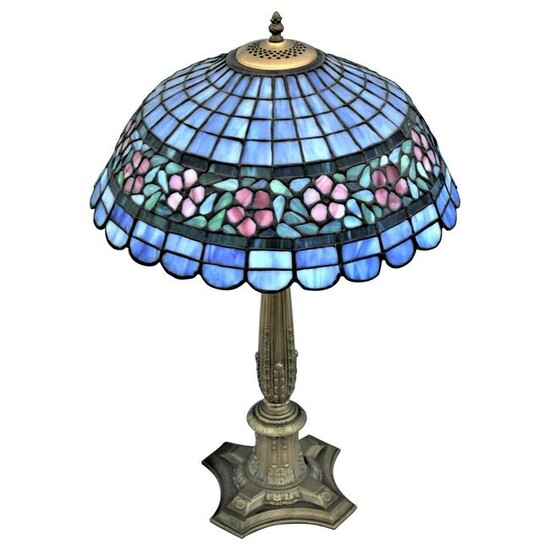Early American Art Glass Foil Shade Lamp, Blue with Red