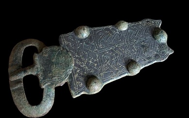 Early Medieval, Merovingian Bronze Buckle of a Belt with 5 spherical adornments and engraved details (fine!).