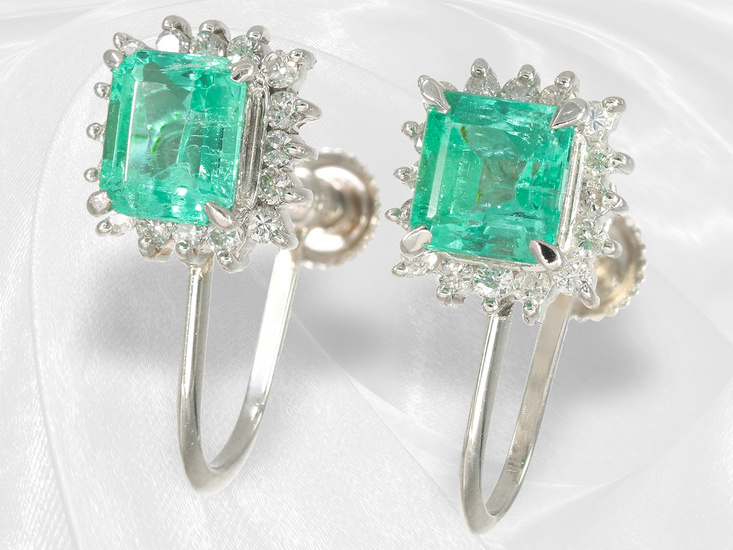 Earrings: fine platinum earrings in like new condition with emeralds and brilliant-cut diamonds