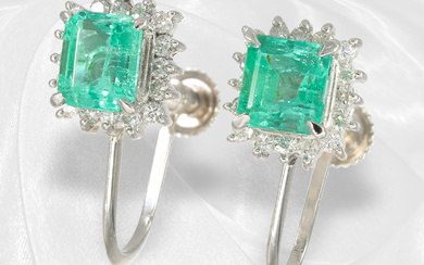 Earrings: fine platinum earrings in like new condition with emeralds and brilliant-cut diamonds