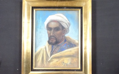 Ecole orientaliste de la fin du XIXe siècle. Portrait d'un homme au turban. Pastel SBD,...