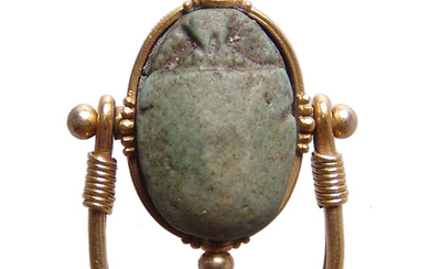 Egyptian faience scarab set in beautiful gold swivel ring