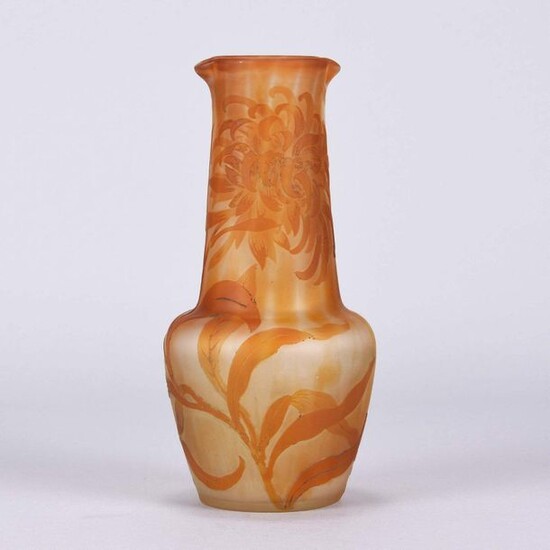 Emile Gallé (1846 ~ 1904) French Art Nouveau rare Cameo Glass Carafe Vase. Japanese inspired orange floral decoration against a pale grey/beige field, signed Gallé in raised orange cameo script. Circa 1900. Height 21 cm.