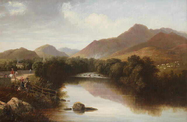 English School 19th Century A fisherman and other figures by a river bank before a mountainous landscape