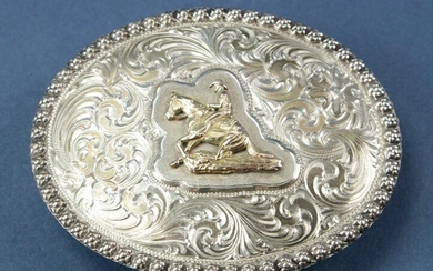Engraved Sterling and 14k Yellow Gold Belt Buckle