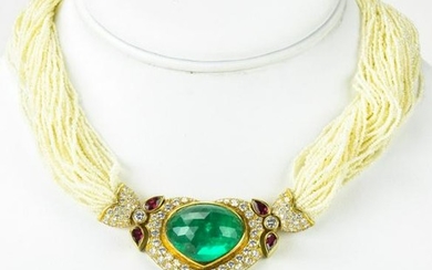 Estate 53 Cts Emerald Necklace w Diamonds & Ruby