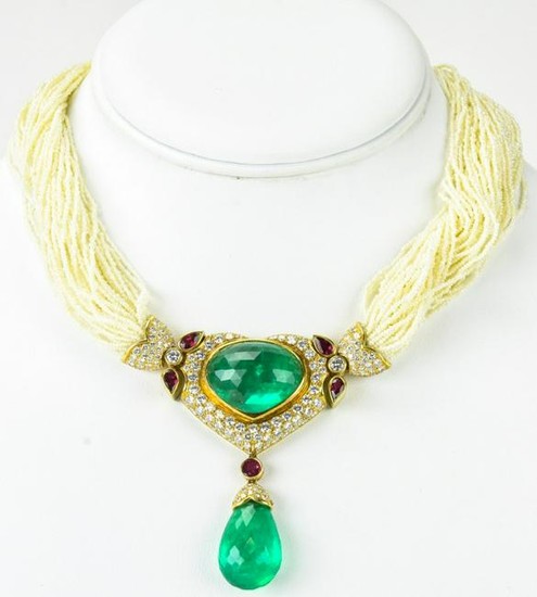 Estate 53 Cts Emerald Necklace w Diamonds & Ruby
