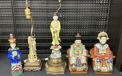 Estate ASIAN lot with ceramic figures, figural porcelain woman table lamp & figural soapstone
