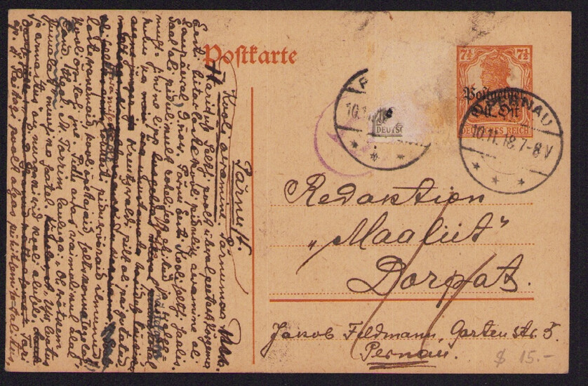 Estonia, German Occupation I World War postcard - From Pärnu 1918