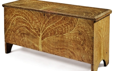 FINE AND RARE YELLOW COMB-DECORATED AND PAINTED PINE 'TREE OF LIFE' BLANKET CHEST, NEW ENGLAND, EARLY 19TH CENTURY