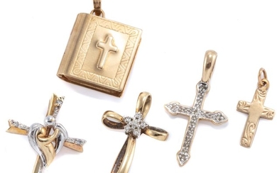 FIVE 9CT GOLD PENDANTS; 4 cruciform, one set with a cluster of 6 single cut diamonds, one with 4 single cut diamonds, one with 5 sin...